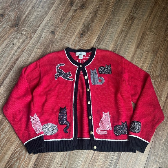 Vtg Orvis Cat Cardigan L Button Patchwork Appliqué Cottage Granny Artsy Teacher - Picture 1 of 8